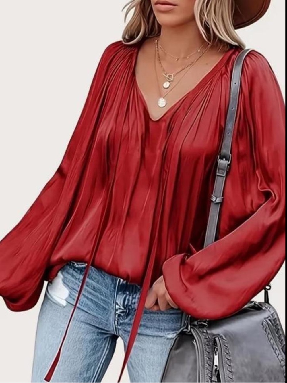 Women's Red Satin V-Neck Blouse with Balloon Sleeves